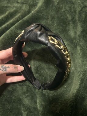 Black Faux Leather Headband with Gold Chain Accent
